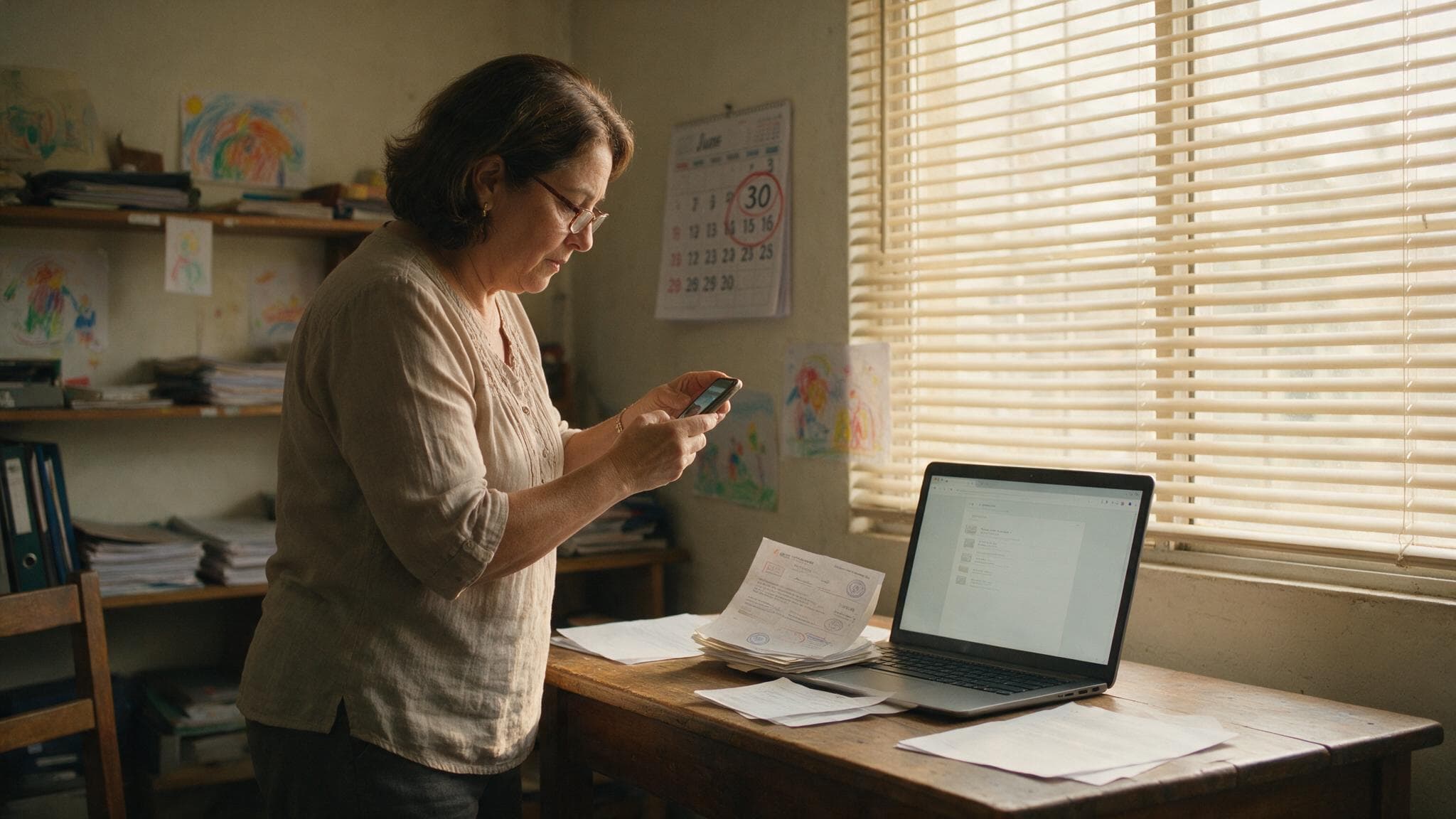 Directora de una fundación fotografiando con su celular los documentos que debe publicar, junto a un calendario con el 30 de junio marcado