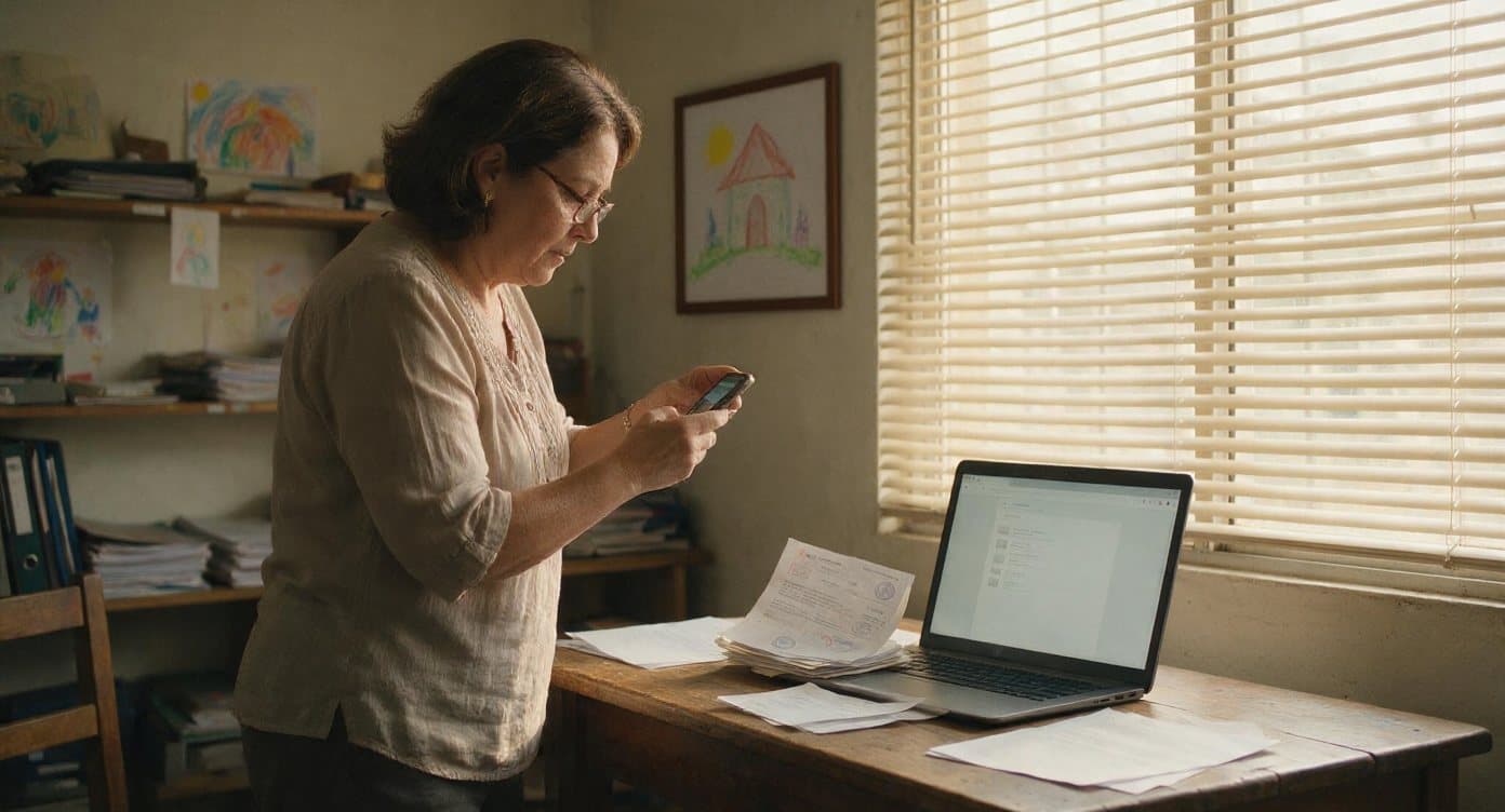Directora de una fundación fotografiando con su celular los documentos que debe publicar