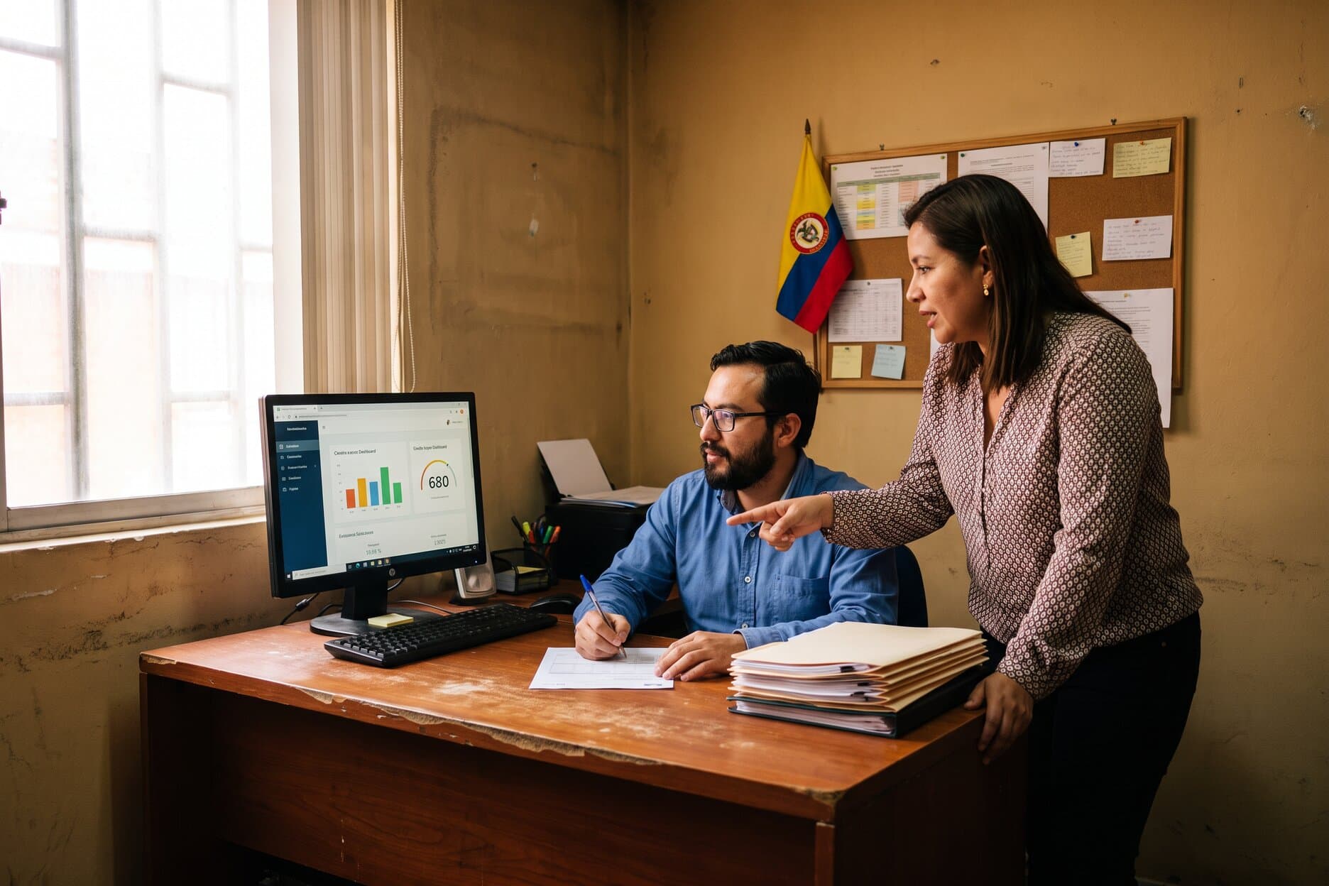 Oficial de crédito de un fondo de empleados colombiano revisando con una colega un tablero de puntaje crediticio en pantalla