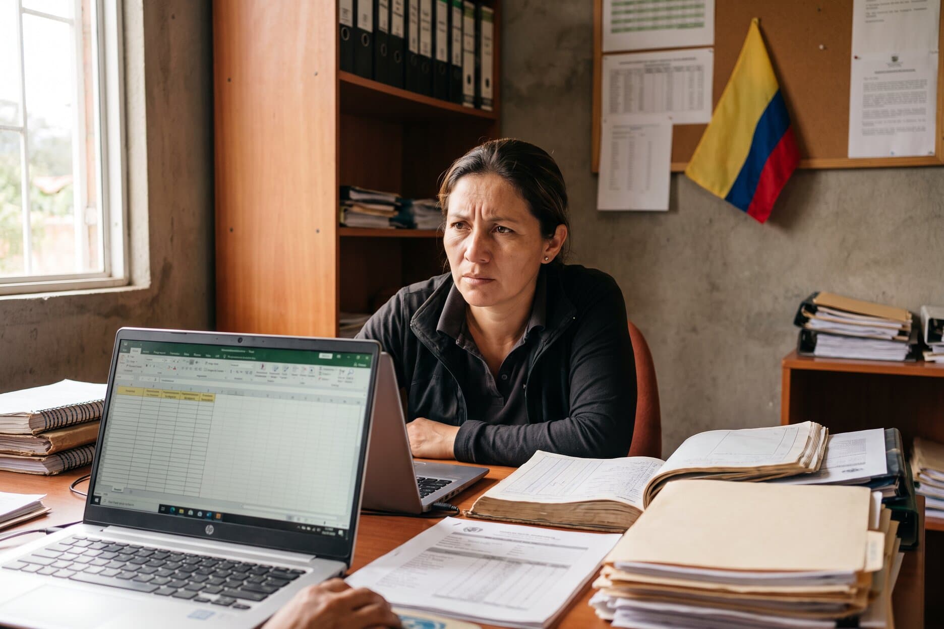 Administradora de una cooperativa colombiana revisando una hoja de cálculo vacía en su laptop, rodeada de carpetas y libros contables impresos