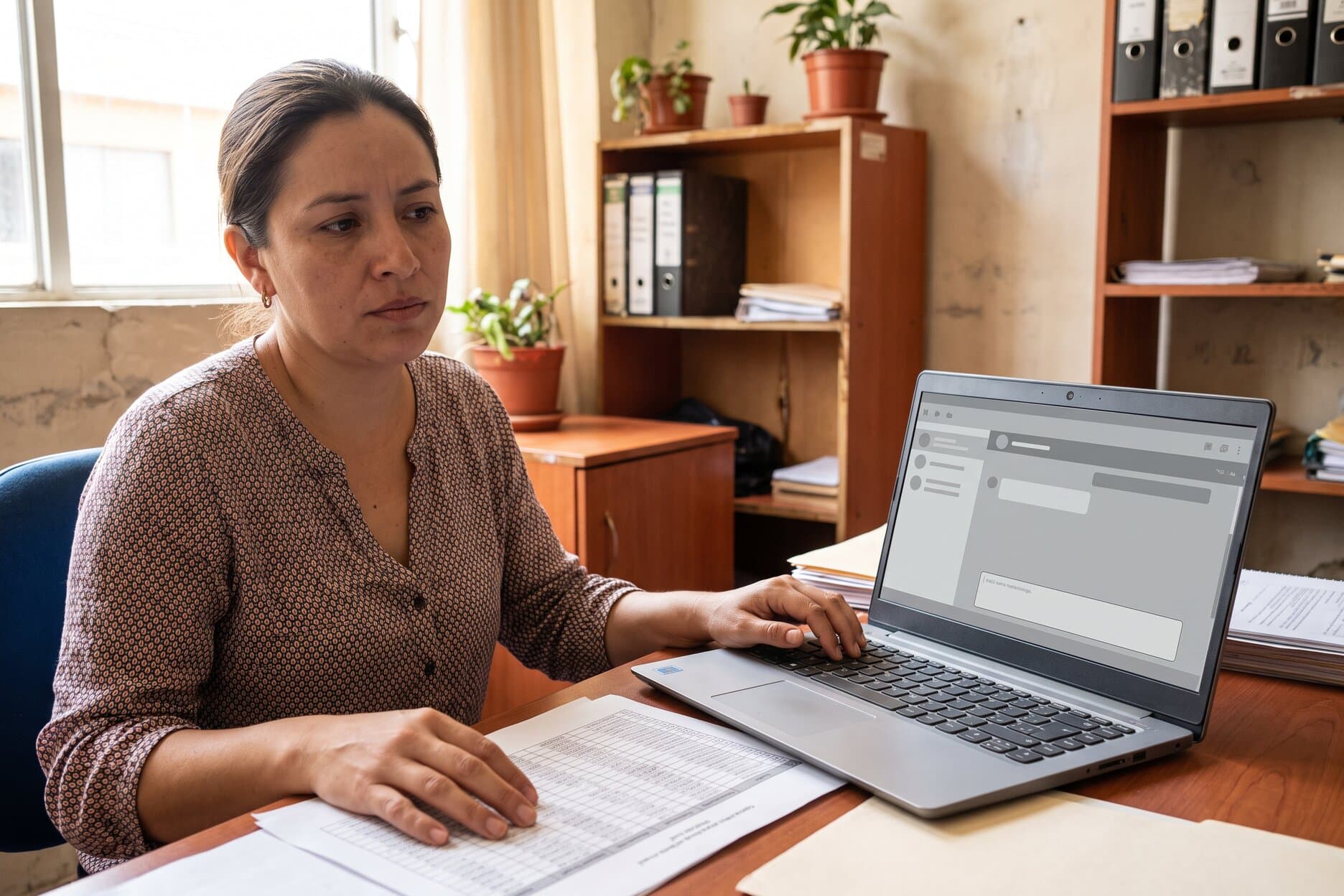 Coordinadora de una fundación colombiana dudando con la mano suspendida sobre el teclado, junto a un listado impreso de donantes