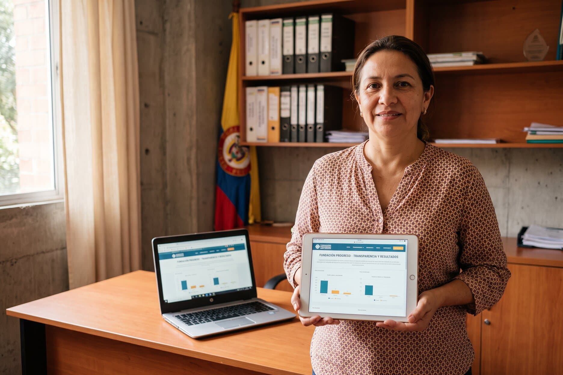 Directora de una fundación colombiana mostrando con confianza en una tablet la página de transparencia y resultados de su entidad